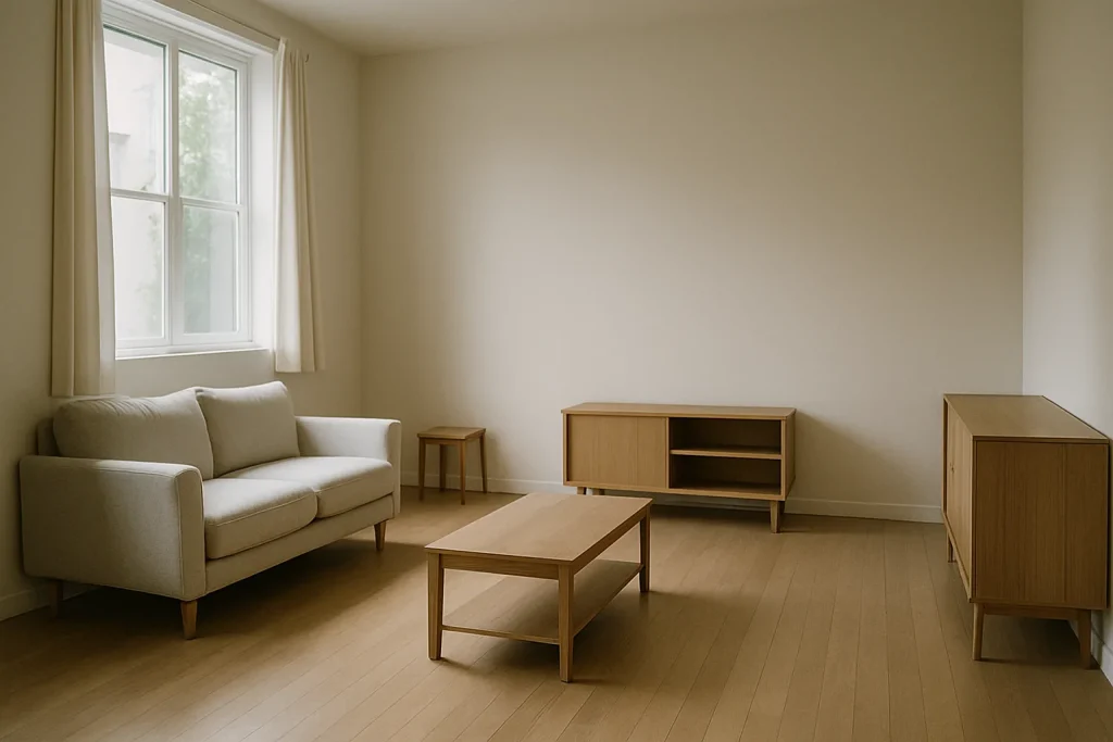 Vue d'une maison propre et minimaliste, éclairée par une douce lumière naturelle.